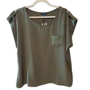 Sky Plus Womens Olive Button-Back 2X Blouse With Pocket &‎ Shoulder Detail